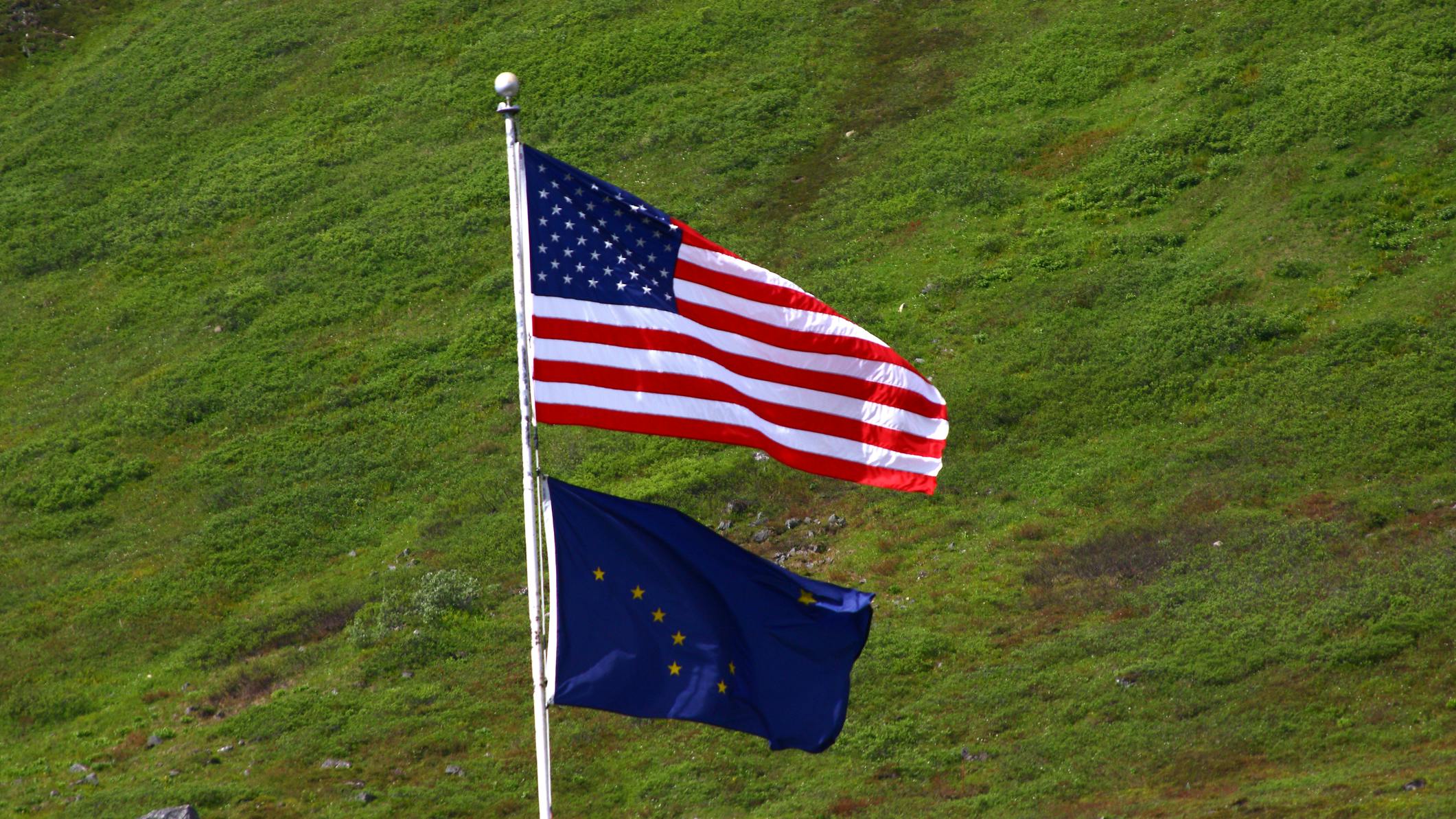 US and Alaska flag flying on flag pole with grassy hill in background.