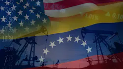 USA and Venezuela flags, oil pumps, financial data.