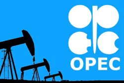 OPEC's name in white on a background of blue showing the group's symbol next to three silhouettes of drilling rigs in black.