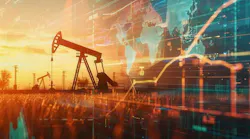 oil and gas infrastructure with digital global map and line graph
