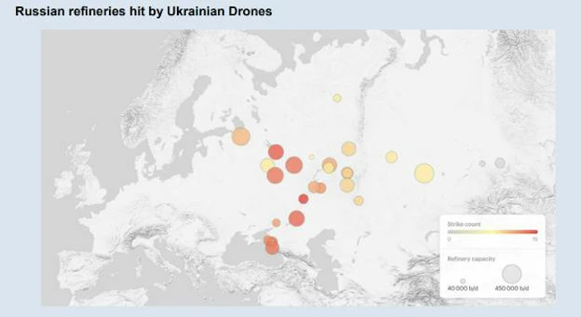 Map of Europe, Middle East, and part of Asia Pacific showing concentration of Russian refineries in colorful dots.