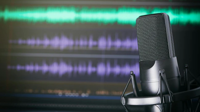 podcast mic in front of audio recording software screen