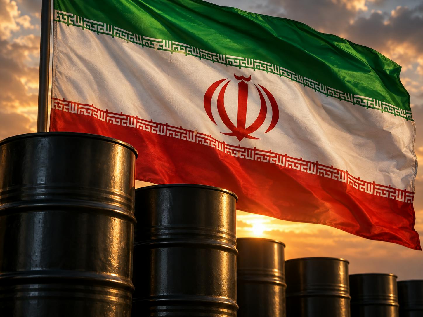 Flag of Iran billowing in wind over row of oil barrels.