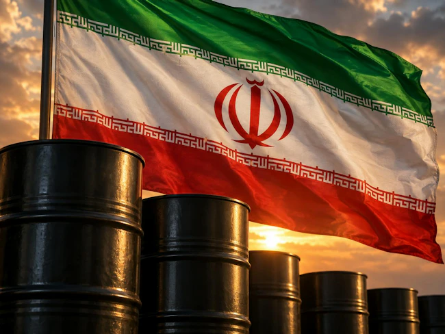 Flag of Iran billowing in wind over row of oil barrels.