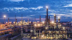A panoramic nighttime view of processing plants and equipment at MOL Group’s Danube refinery in Százhalombatta, near Budapest, Hungary.
