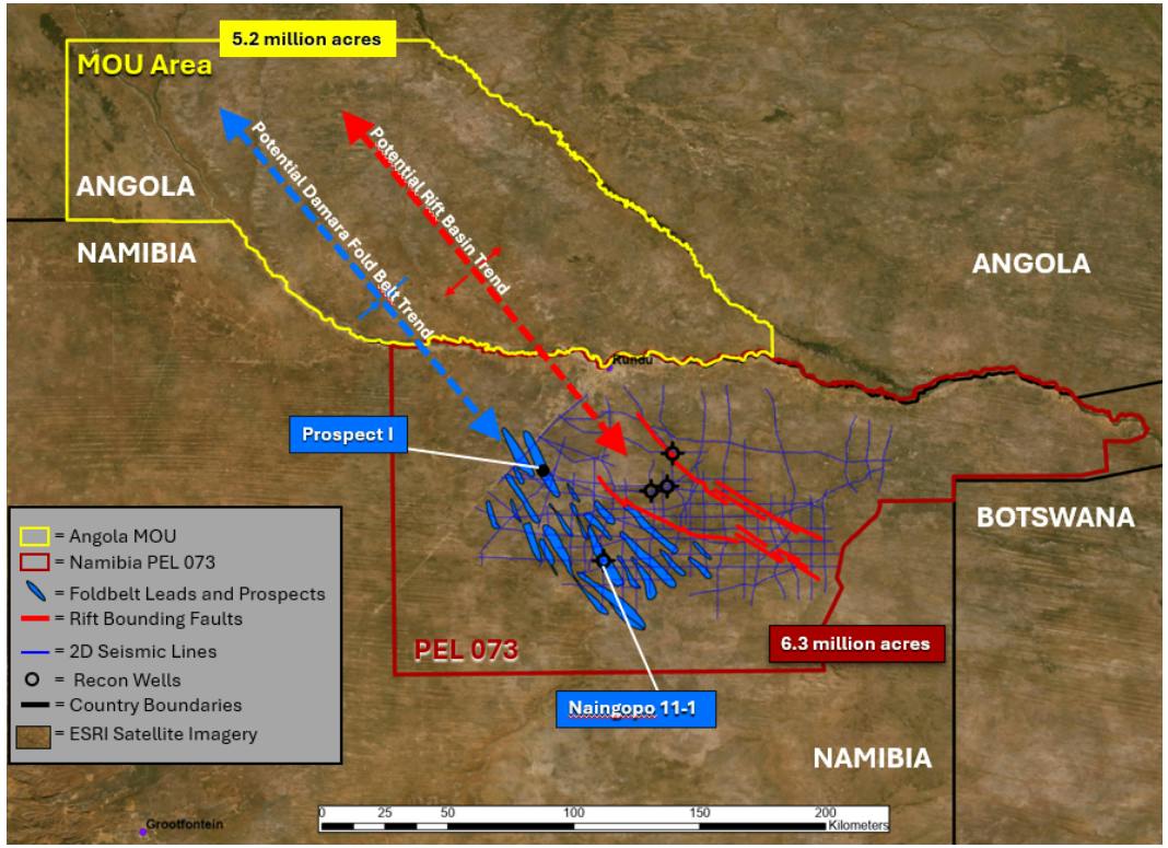 A map showing the Angolan-Namibian border with a yellow outline of ReconAfrica&rsquo;s MOU area that comprises 5.2 million acres in Angola and a red outline of 6.3 million acres in Namibia&rsquo;s PEL 73.