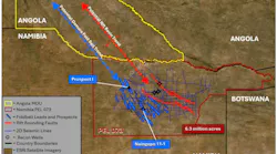 A map showing the Angolan-Namibian border with a yellow outline of ReconAfrica’s MOU area that comprises 5.2 million acres in Angola and a red outline of 6.3 million acres in Namibia’s PEL 73.