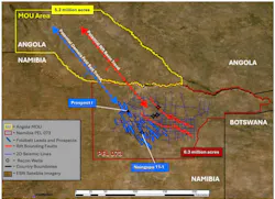 A map showing the Angolan-Namibian border with a yellow outline of ReconAfrica’s MOU area that comprises 5.2 million acres in Angola and a red outline of 6.3 million acres in Namibia’s PEL 73.