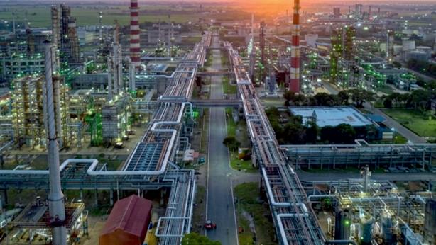 Expansive, panoramic aerial view showing pipeline, processing unit, and production unit equipment at MRPL's Mangalore refinery.