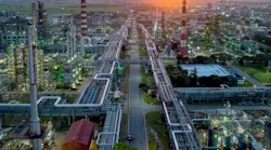 Expansive, panoramic aerial view showing pipeline, processing unit, and production unit equipment at MRPL's Mangalore refinery.