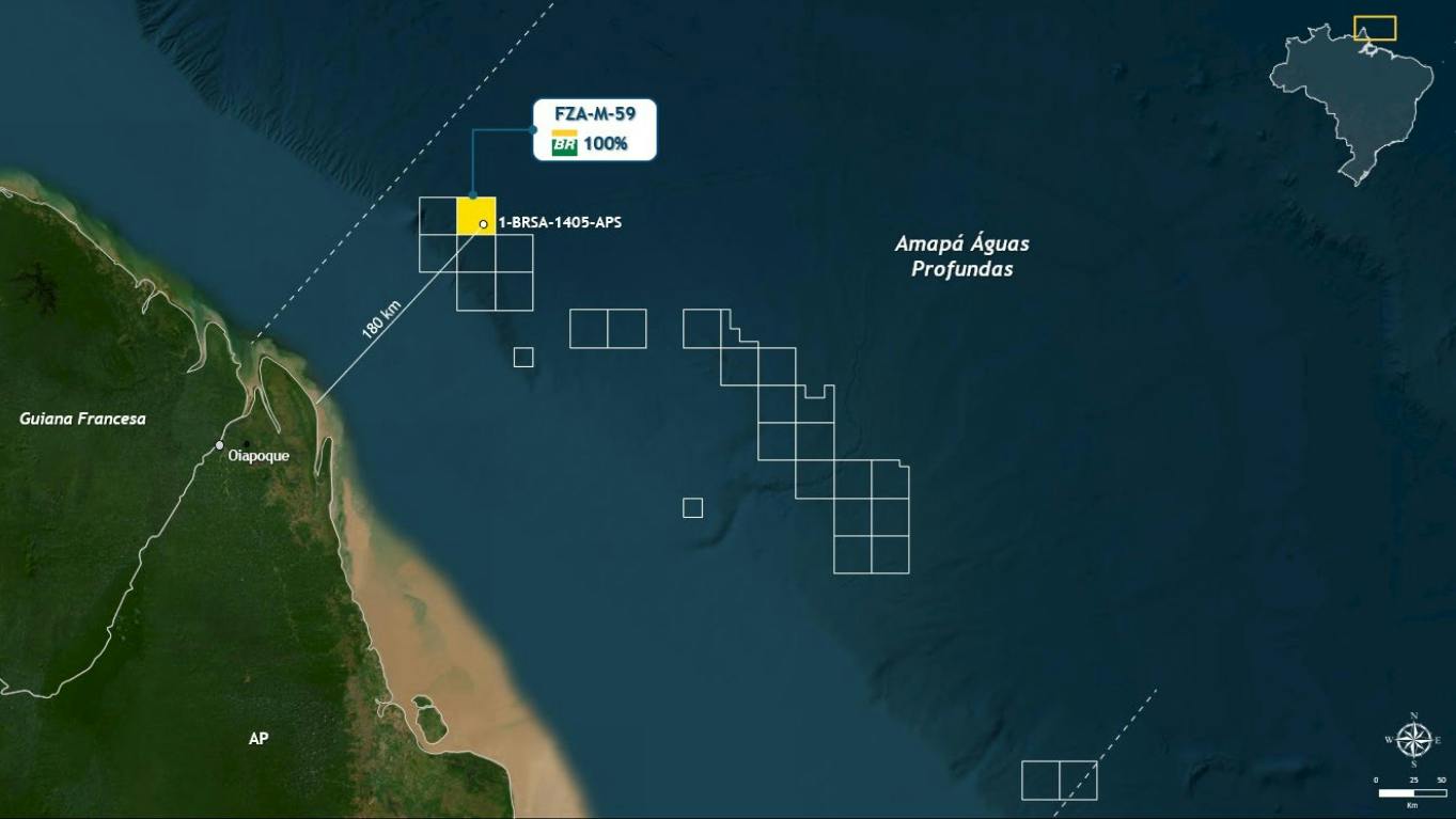 The Brazilian coast in dark green and offshore in dark blue showing the location (in yellow) of the Morpho well in the Foz do Amazonas basin.