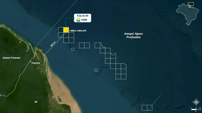 The Brazilian coast in dark green and offshore in dark blue showing the location (in yellow) of the Morpho well in the Foz do Amazonas basin.