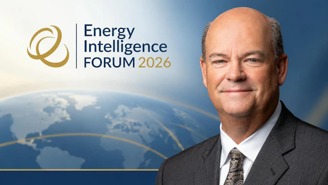 Promotional image for Energy Intelligence Forum 2026 with of Ryan Lance, ConocoPhillips' chairman, against a background of blue with an outline of the globe in the background.