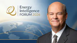 Promotional image for Energy Intelligence Forum 2026 with of Ryan Lance, ConocoPhillips' chairman, against a background of blue with an outline of the globe in the background.