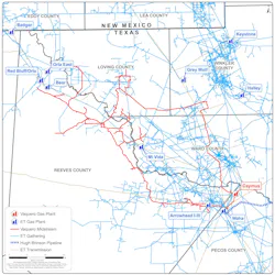Map detailing Energy Transfer and Vaquero Midstream assets in Delaware basin