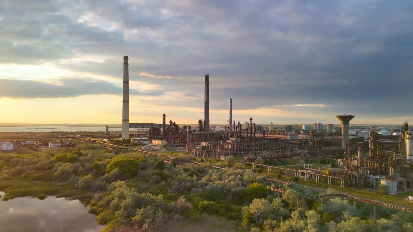 Panoramic view of Rompetrol Rafinare's Petromidia refinery in the distance behind greenery and a body of water under an overcast sky..