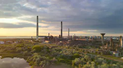 Panoramic view of Rompetrol Rafinare's Petromidia refinery in the distance behind greenery and a body of water under an overcast sky..