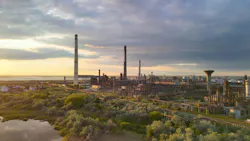 Panoramic view of Rompetrol Rafinare's Petromidia refinery in the distance behind greenery and a body of water under an overcast sky..