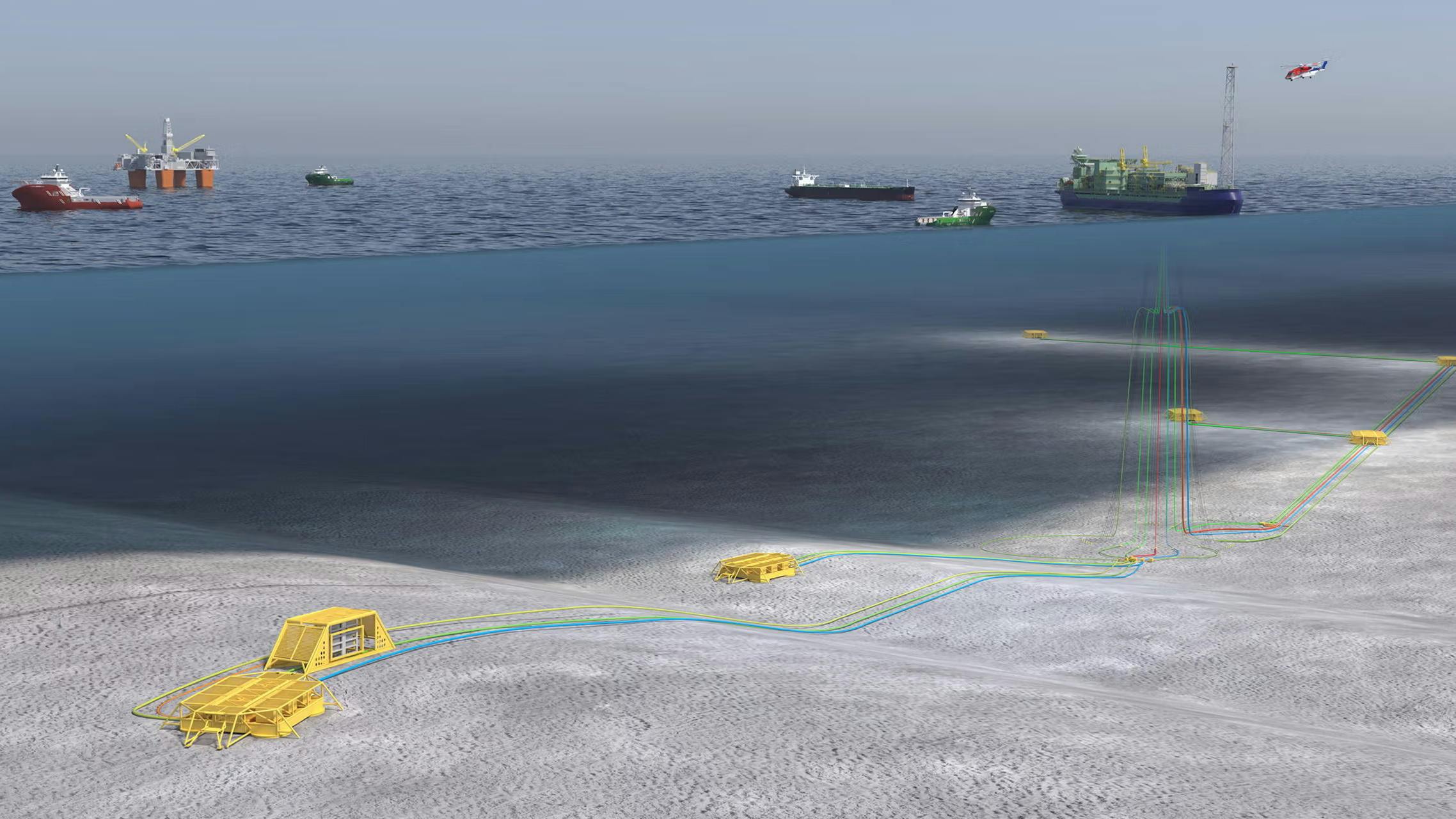 Artistic rendition of Bay du Nord offshore oil project, including potential future subsea tie-backs.