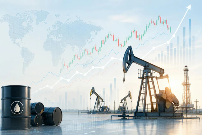 View of oil barrels and drilling rigs against a silhouetted global map and faint graph.