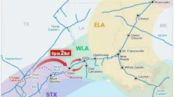 A top view of a map showing the Texas-Louisiana coastline illustrating a proposed route of Enbridge subsidiary Texas Eastern’s proposed Katy, Tex., to Gillis, La., pipeline expansion project.