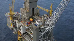 Oil and gas drilling platform in North Sea.