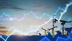 Line graph with oil pumpjacks in background.