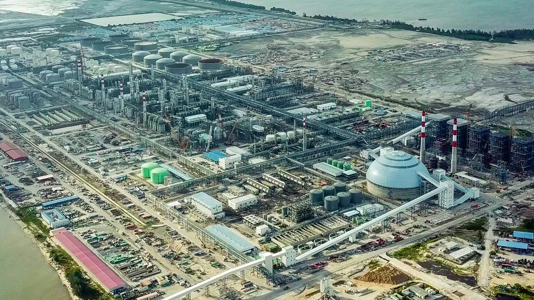 Arial panoramic view of processing and production plants at Hengyi Industries Sdn. Bhd.'s Pulau Muara Besar (PMB) refinery and petrochemical complex at Pulau Muara Besar Industrial Park on iPulau Muara Besar island in Brunei.