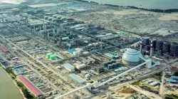 Arial panoramic view of processing and production plants at Hengyi Industries Sdn. Bhd.'s Pulau Muara Besar (PMB) refinery and petrochemical complex at Pulau Muara Besar Industrial Park on iPulau Muara Besar island in Brunei.