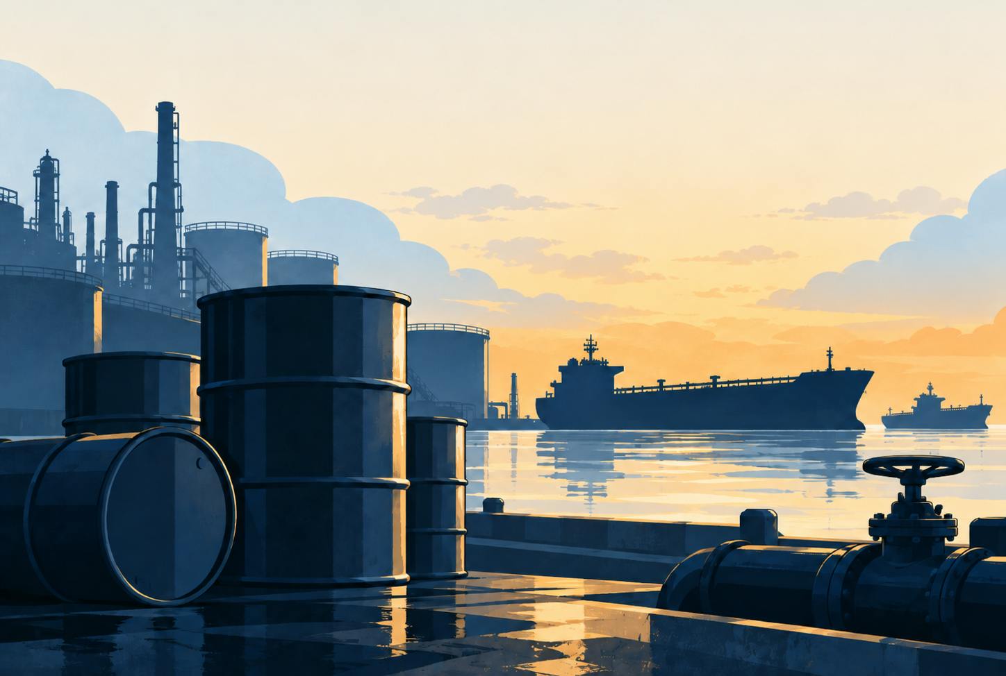 A dream-like landscape of a tanker on water with oil barrels on a dock and a refinery in the background beneath a cloudy, yellowish sky.