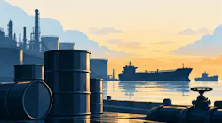 A dream-like landscape of a tanker on water with oil barrels on a dock and a refinery in the background beneath a cloudy, yellowish sky.