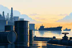 A dream-like landscape of a tanker on water with oil barrels on a dock and a refinery in the background beneath a cloudy, yellowish sky.