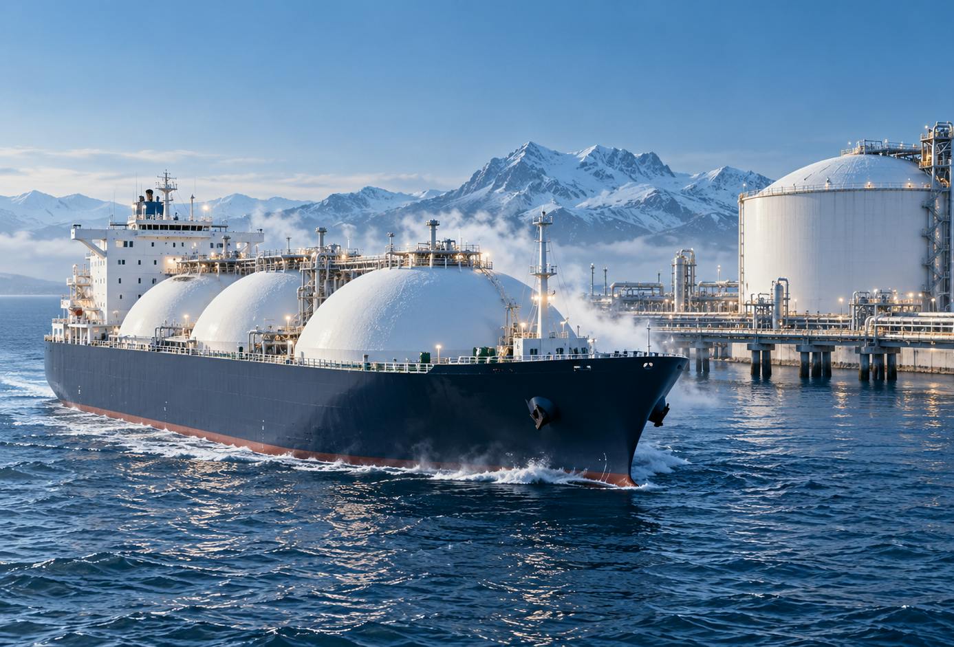 An LNG tanker passes through waters in front of a snowy terminal with snow-capped mountains in the background.