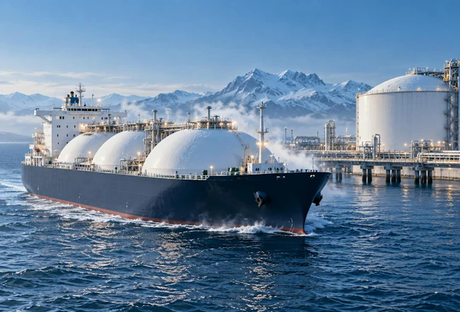 An LNG tanker passes through waters in front of a snowy terminal with snow-capped mountains in the background.