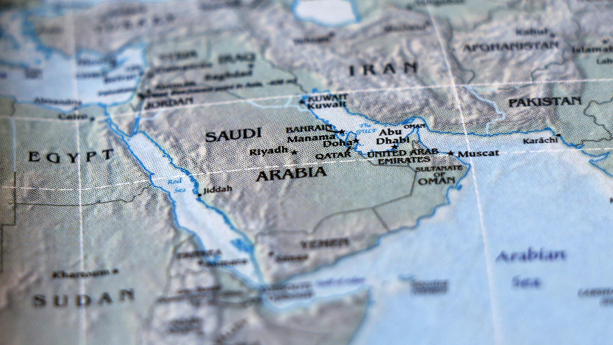 World map with focus on Saudi Arabia and Iran.
