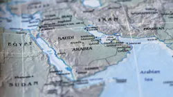 World map with focus on Saudi Arabia and Iran.