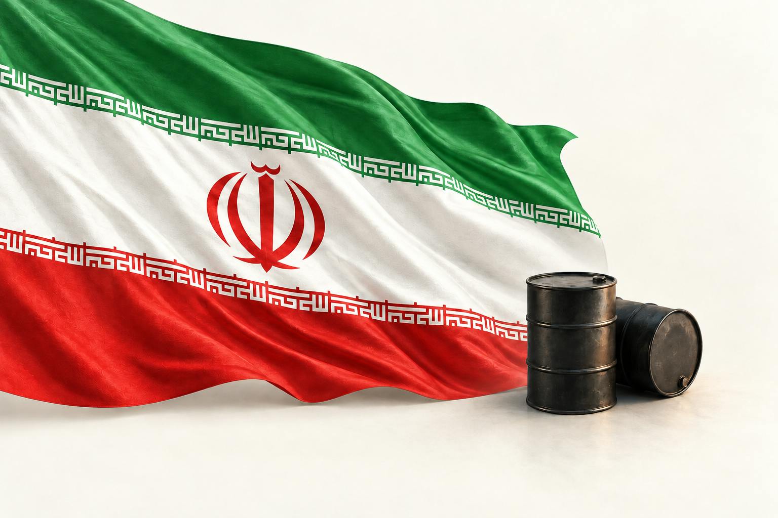 Iranian flag fluttering against a background of white behind two oil barrels.