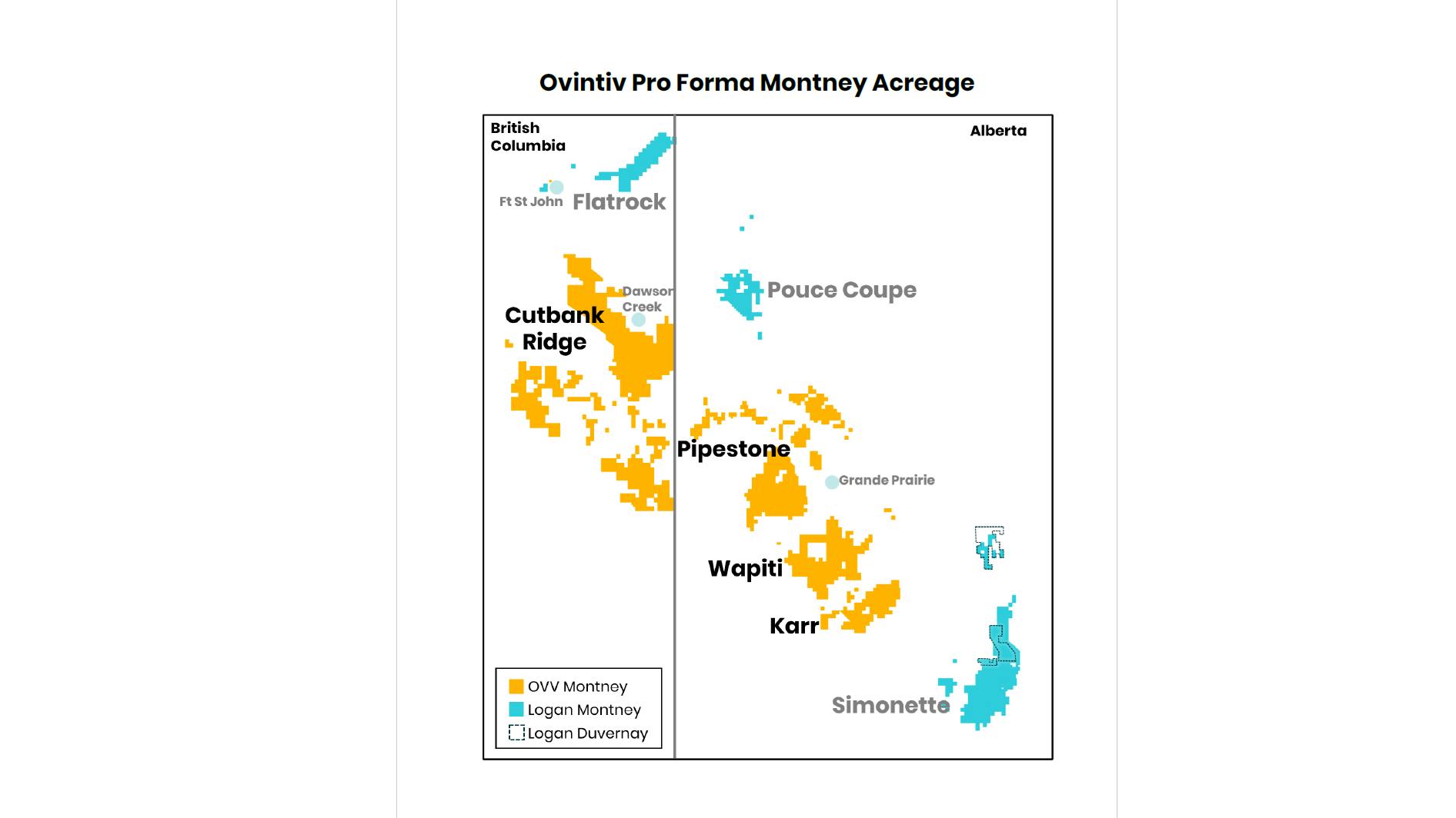 Map showing Ovintiv and Logan Energy acreage blocks in British Columbia and Alberta, Canada.